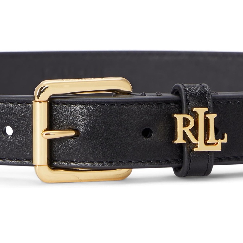 Ralph Lauren Black Belt with Gold Buckle Logo-Keeper Leather Skinny Belt
